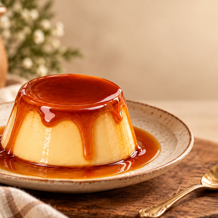 Porción de quesillo cremoso con abundante caramelo